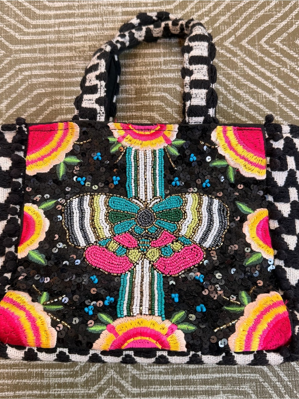 America & Beyond Beaded Embellished Tote Bag Black White Neon Crossbody Boho